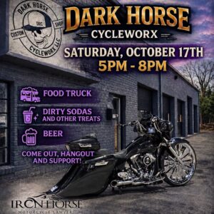 Dark Horse Cycleworx Bike Night flyer for October 17, 2026, showing a custom black bagger motorcycle outside the Easley motorcycle shop
