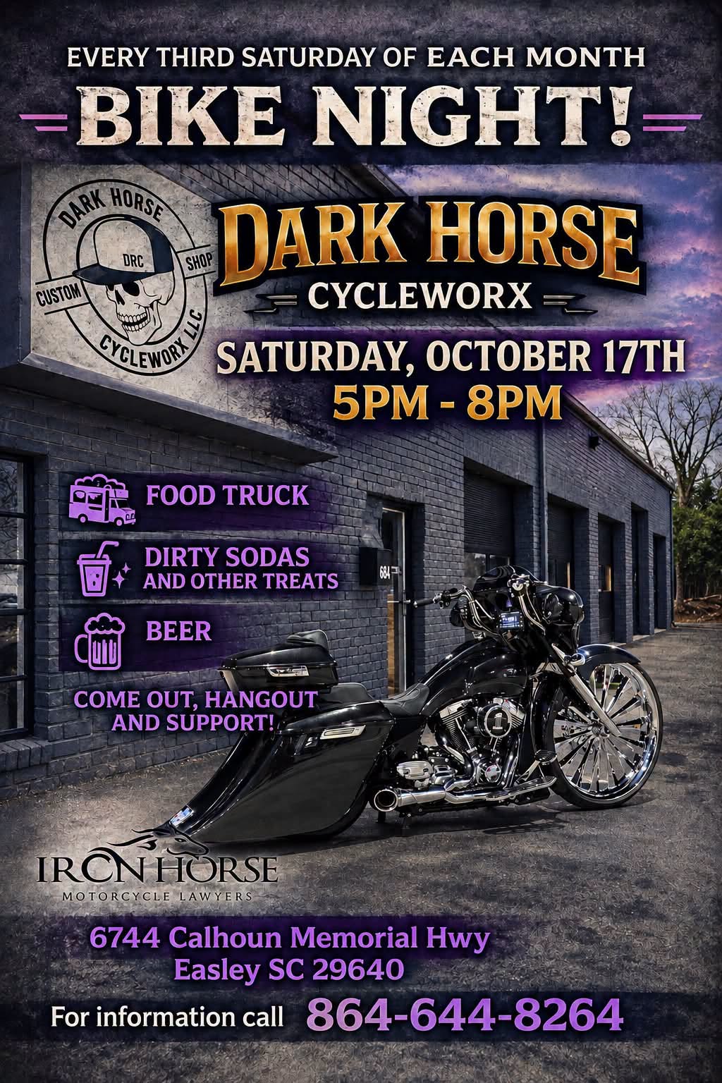 Dark Horse Cycleworx Bike Night flyer for October 17, 2026, showing a custom black bagger motorcycle outside the Easley motorcycle shop