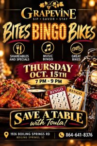 Grapevine Restaurant Bites Bingo Bikes flyer for October 15 featuring chicken wings, music bingo cards and a motorcycle
