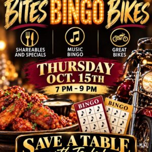 Grapevine Restaurant Bites Bingo Bikes flyer for October 15 featuring chicken wings, music bingo cards and a motorcycle