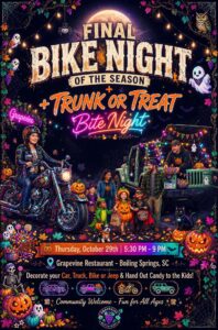 Grapevine Restaurant Final Bike Night of the Season and Trunk or Treat flyer for October 29, 2026, featuring motorcycles, decorated Jeeps, Halloween costumes, and families