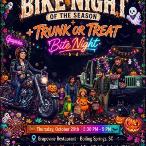 Grapevine Restaurant Final Bike Night of the Season and Trunk or Treat flyer for October 29, 2026, featuring motorcycles, decorated Jeeps, Halloween costumes, and families