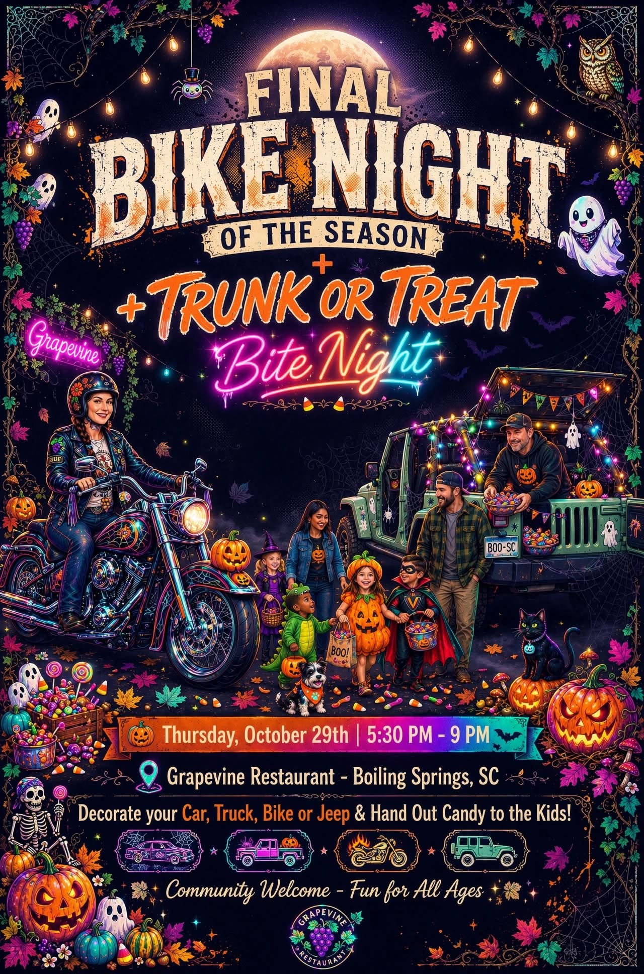 Grapevine Restaurant Final Bike Night of the Season and Trunk or Treat flyer for October 29, 2026, featuring motorcycles, decorated Jeeps, Halloween costumes, and families