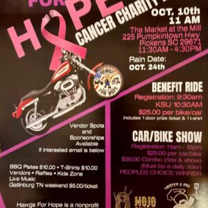 Hawgs for Hope Cancer Charity Event benefit ride and car and bike show in Pickens South Carolina on October 10 2026