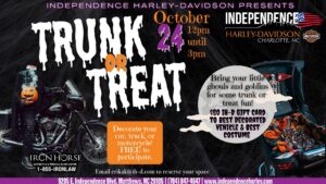 Trunk or Treat Halloween event flyer featuring a motorcycle, decorated vehicle, pumpkins and event details for October 24, 2026 at Independence Harley-Davidson