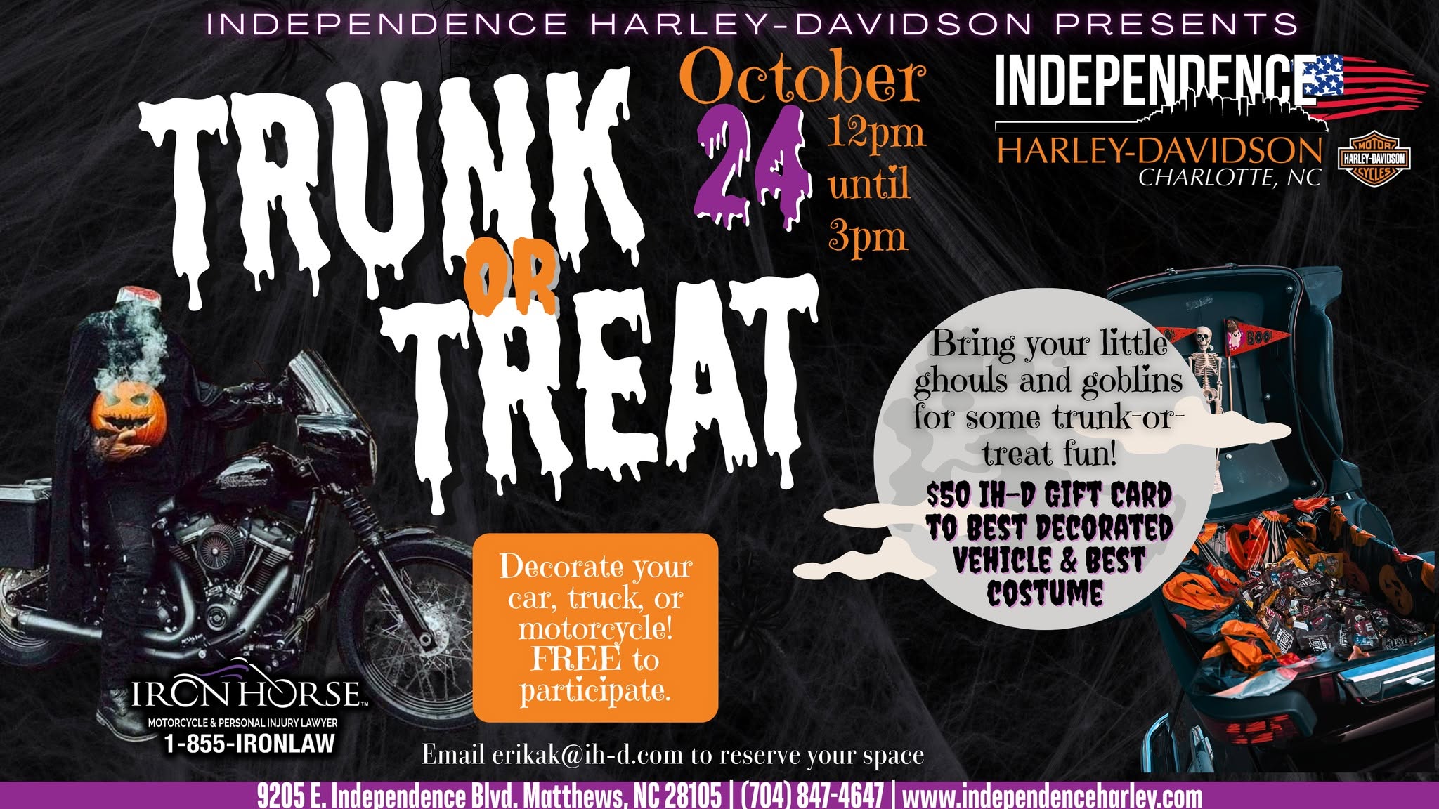 Trunk or Treat Halloween event flyer featuring a motorcycle, decorated vehicle, pumpkins and event details for October 24, 2026 at Independence Harley-Davidson