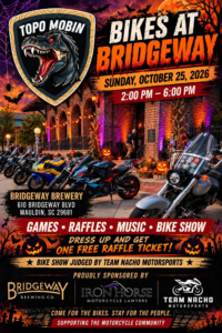 Halloween-themed Bikes at BridgeWay motorcycle event flyer for October 25, 2026, featuring Topo Mobin, BridgeWay Brewing, Iron Horse Motorcycle Lawyers and Team Nacho Motorsports