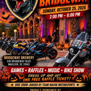 Halloween-themed Bikes at BridgeWay motorcycle event flyer for October 25, 2026, featuring Topo Mobin, BridgeWay Brewing, Iron Horse Motorcycle Lawyers and Team Nacho Motorsports