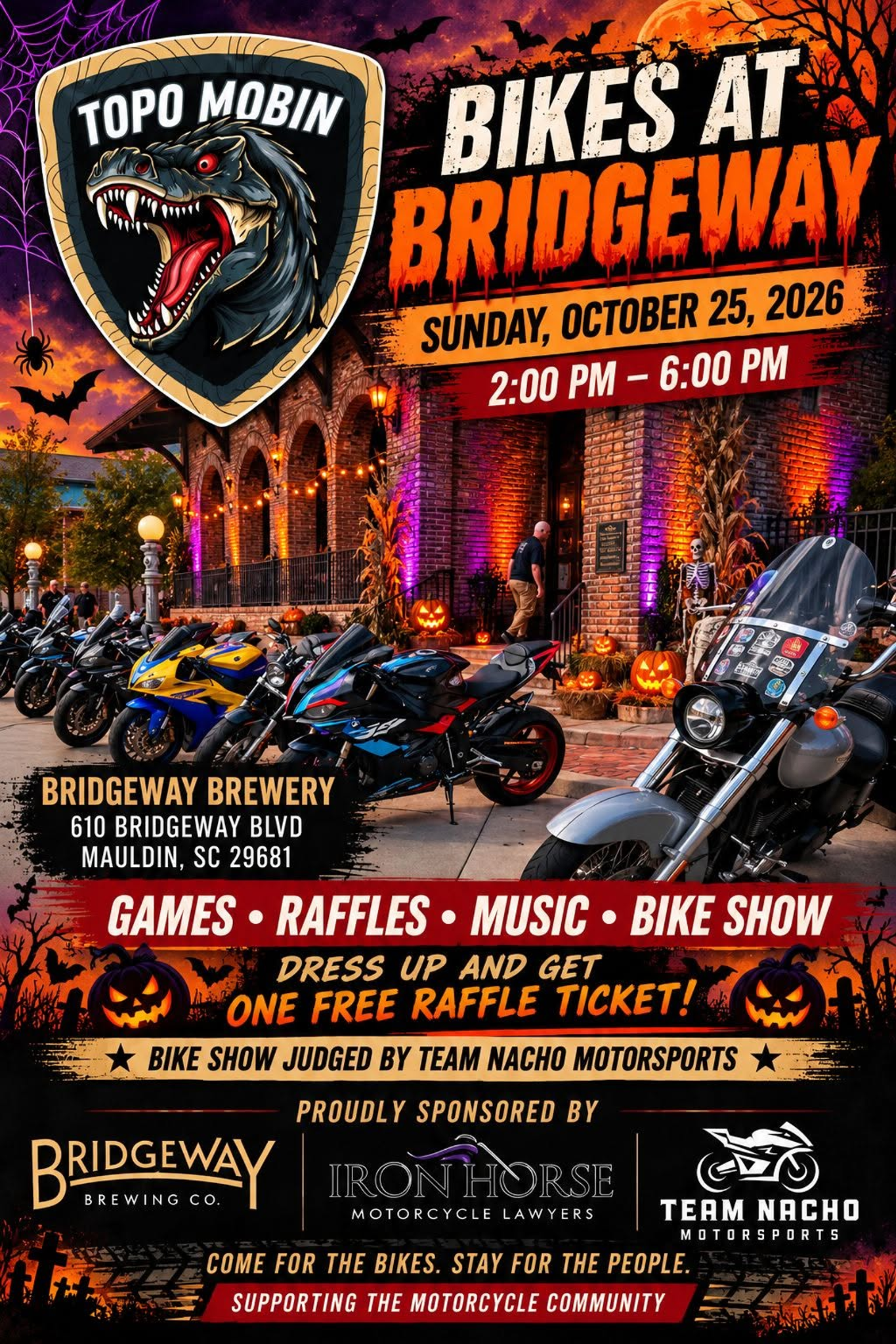 Halloween-themed Bikes at BridgeWay motorcycle event flyer for October 25, 2026, featuring Topo Mobin, BridgeWay Brewing, Iron Horse Motorcycle Lawyers and Team Nacho Motorsports