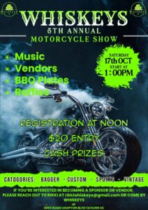 Whiskeys 5th Annual Motorcycle Show flyer with black custom motorcycle, green lettering, October 17 date and event details