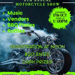 Whiskeys 5th Annual Motorcycle Show flyer with black custom motorcycle, green lettering, October 17 date and event details