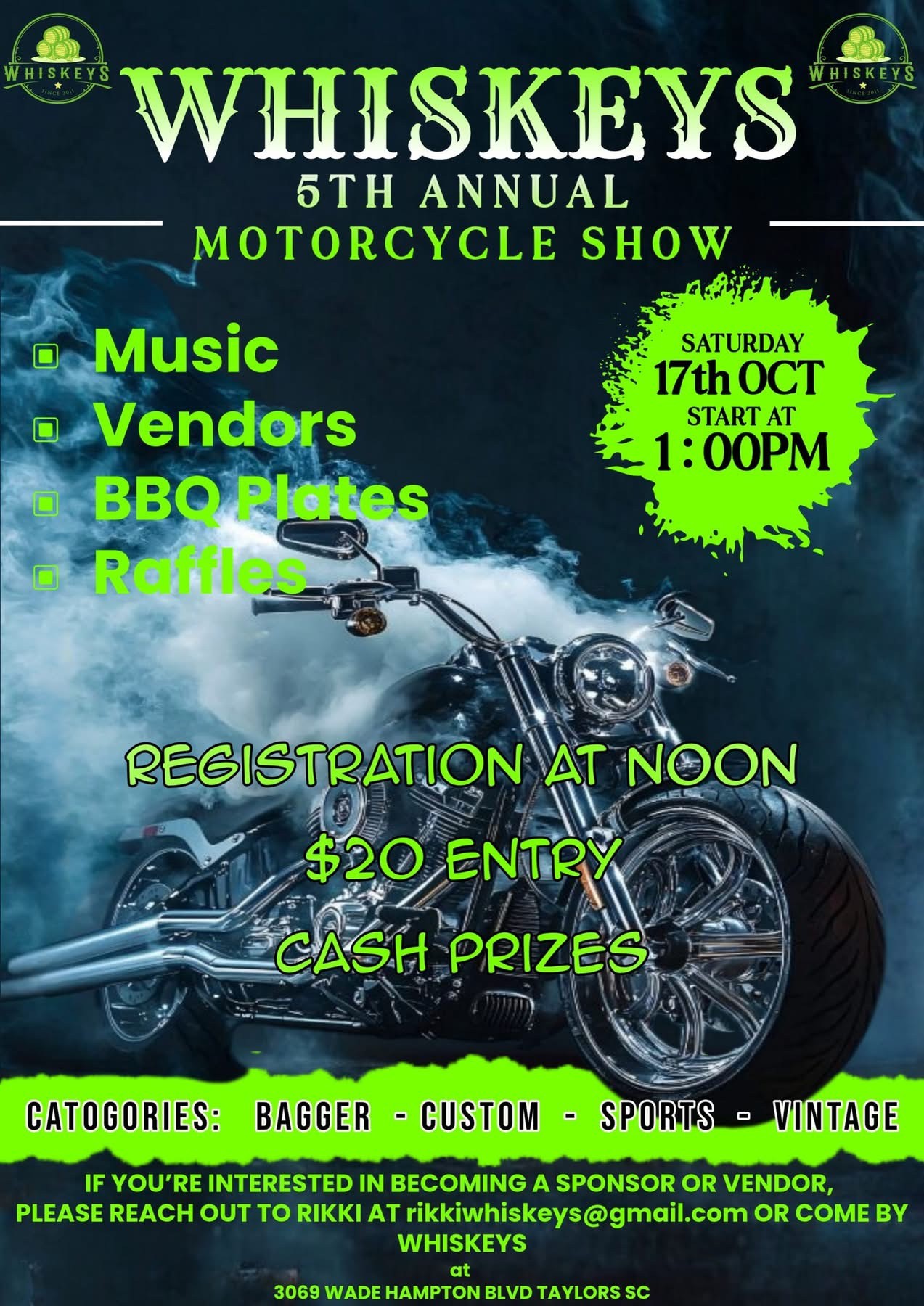 Whiskeys 5th Annual Motorcycle Show flyer with black custom motorcycle, green lettering, October 17 date and event details
